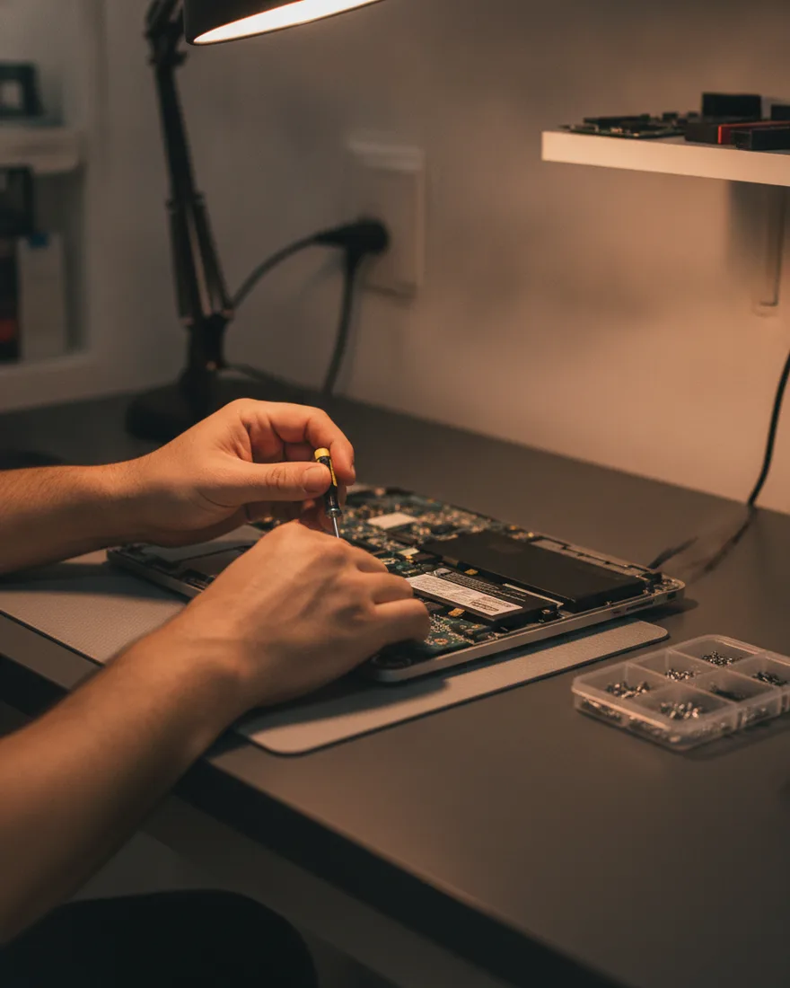 Mãos trabalhando com chave de precisão em um notebook aberto sobre a bancada